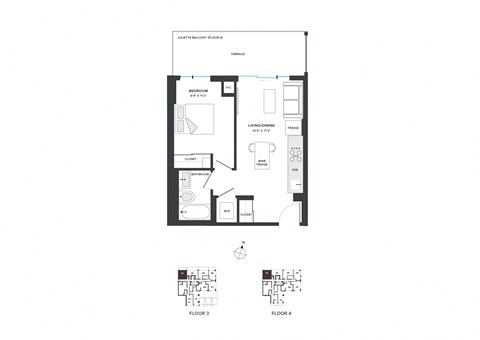 Floor plan for 1 bed, 1 bath, 526 sqft
